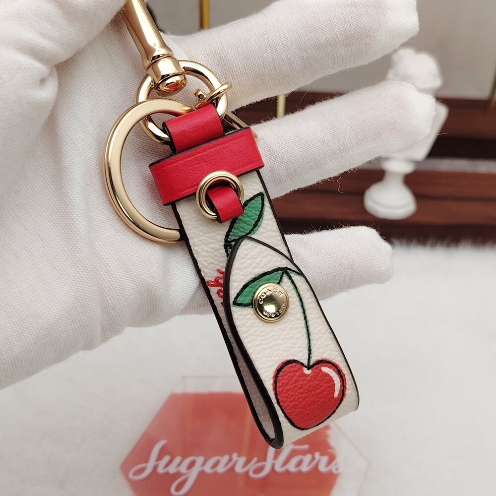 Coach White Cherry Print Leather Key Fob with Red Trim and Gold Hardware